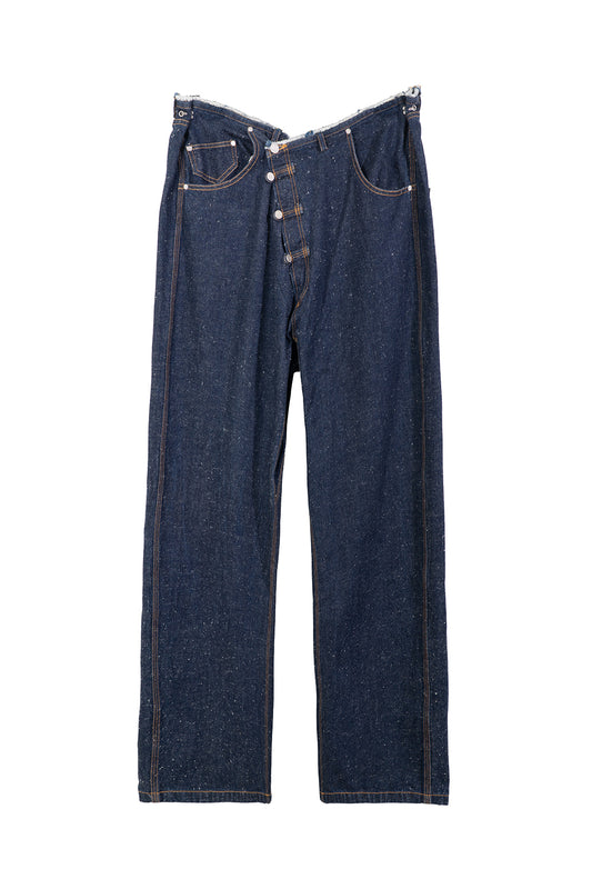 ASYMMETRICAL RAW-EDGE WIDE-LEG DENIM PANTS