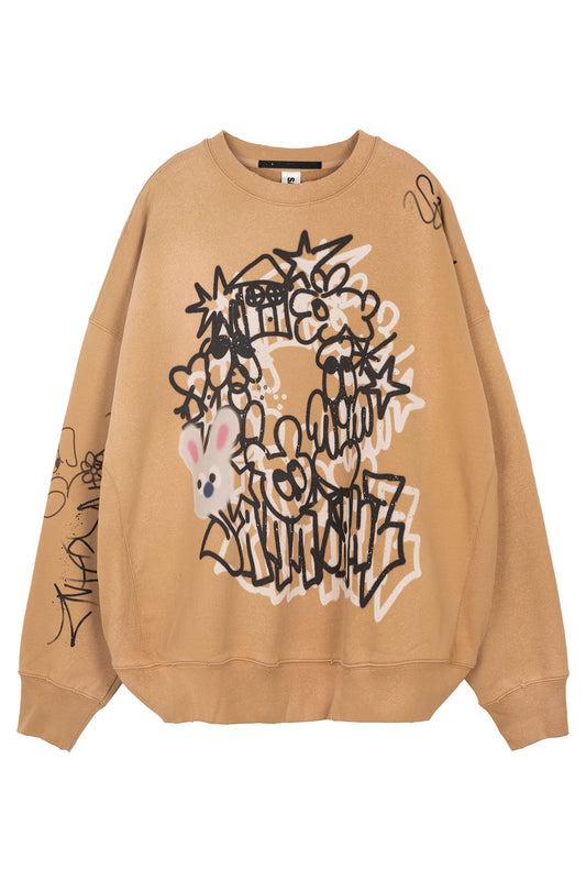 BUMPY GRAFFITI PRINT BLEACHED CREWNECK SWEATSHIRT
