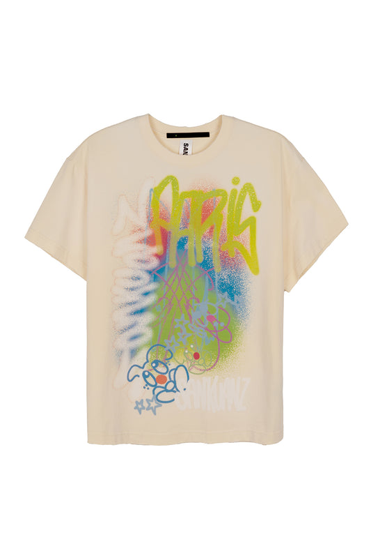 BUMPY GRAFFITI PRINT BLEACHED RELAXED T-SHIRT