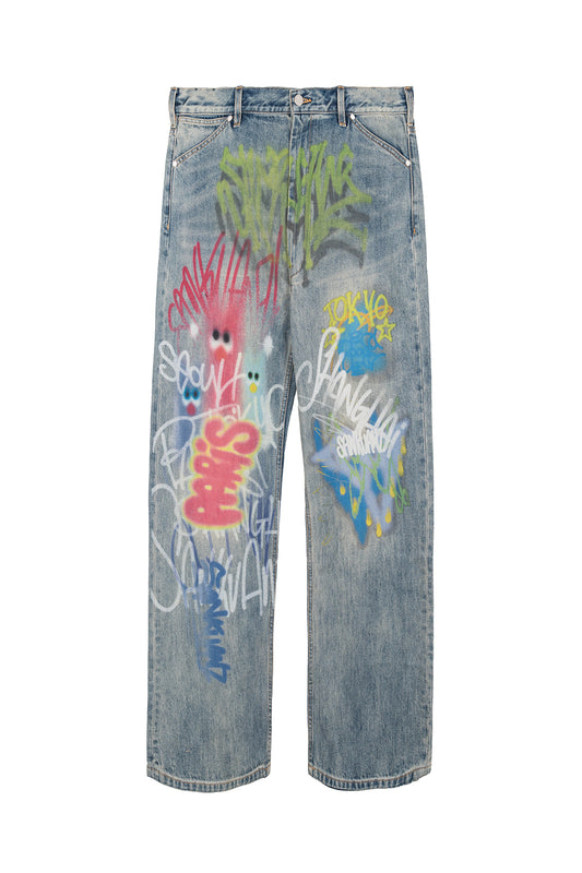 BUMPY GRAFFITI PRINT WASHED STRAIGHT JEANS