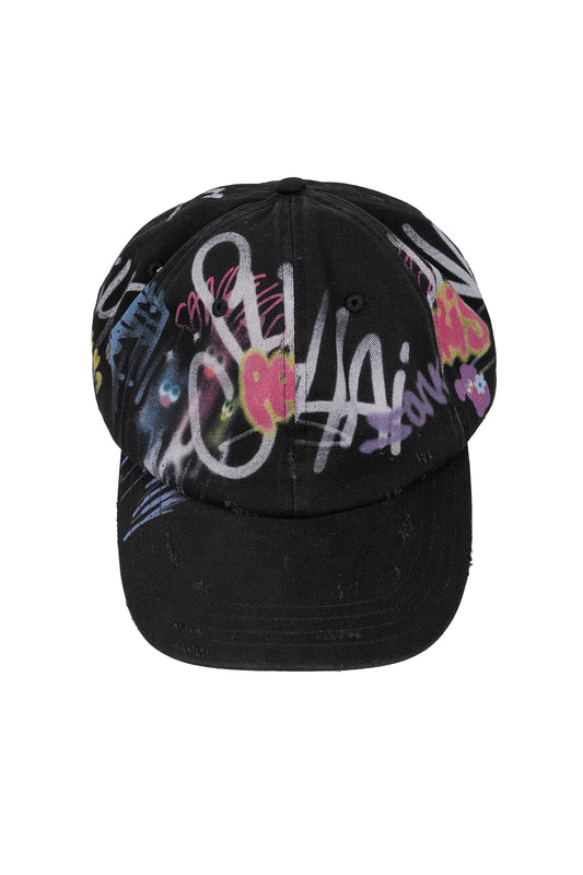 BUMPY GRAFFITI PRINT BLEACHED BASEBALL CAP