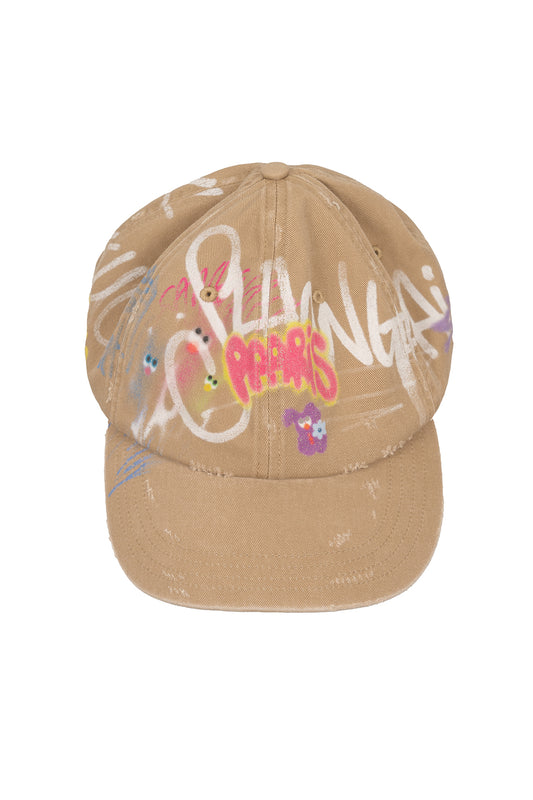 BUMPY GRAFFITI PRINT BLEACHED BASEBALL CAP