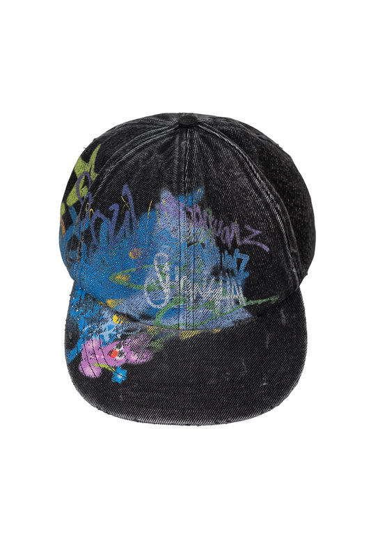 BUMPY GRAFFITI PRINT DENIM BASEBALL CAP