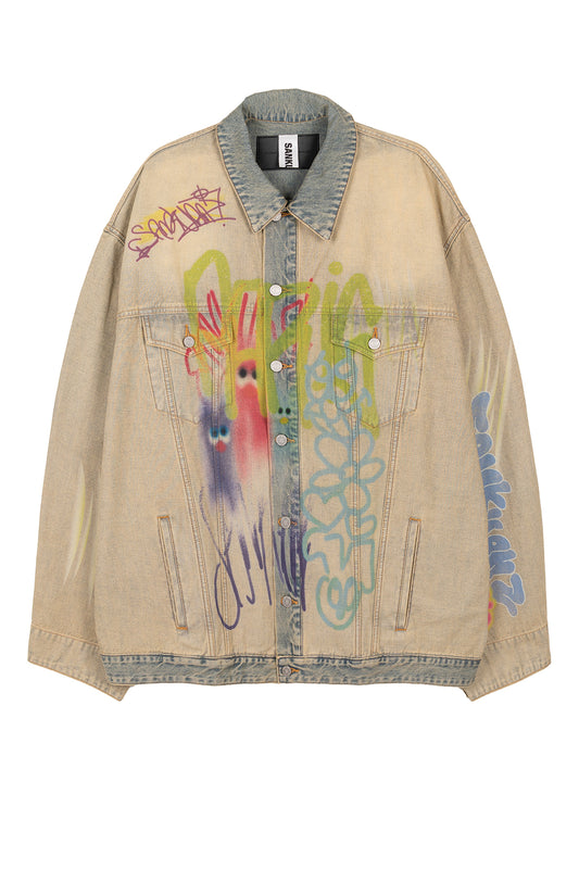 BUMPY GRAFFITI PRINT REVERSIBLE FABRIC OVERSIZED DENIM JACKET