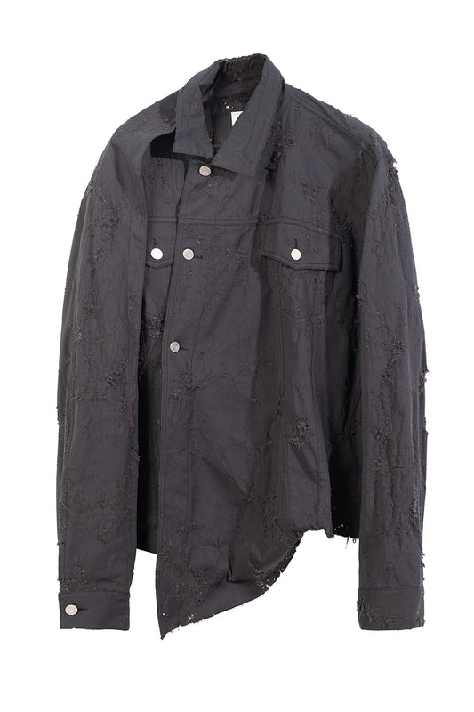 ETHNIC-INSPIRED ASYMMETRICAL MANDARIN COLLAR DISTRESSED SHIRT