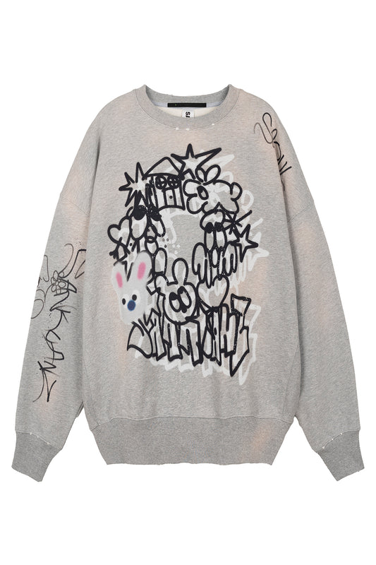 BUMPY GRAFFITI PRINT BLEACHED CREWNECK SWEATSHIRT