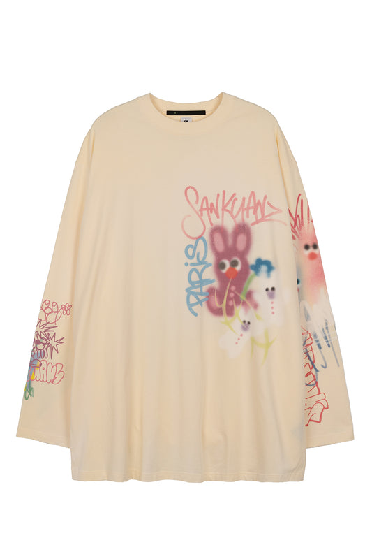 BUMPY GRAFFITI PRINT BLEACHED RELAXED LONG-SLEEVE T-SHIRT