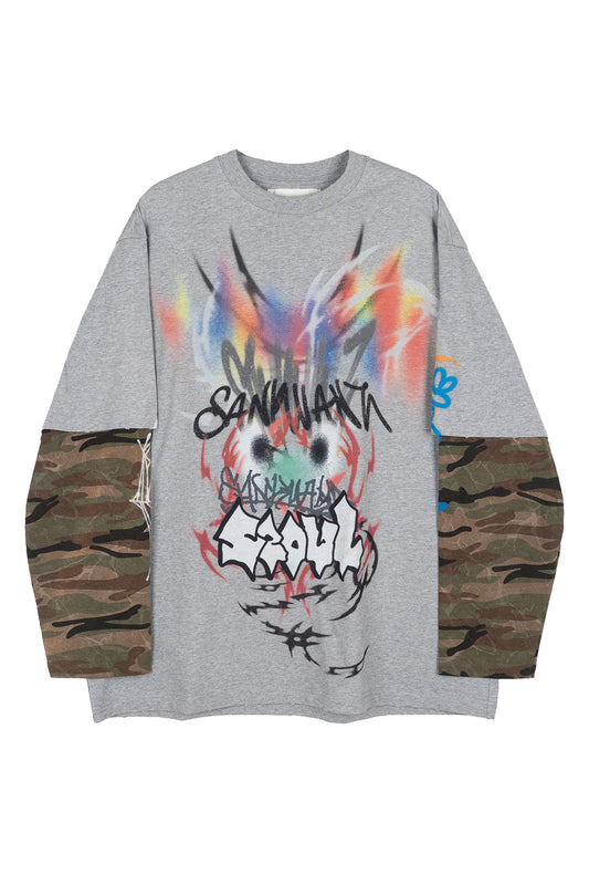 BUMPY OVERSIZED LAYERED GRAFFITI LONG-SLEEVE T-SHIRT