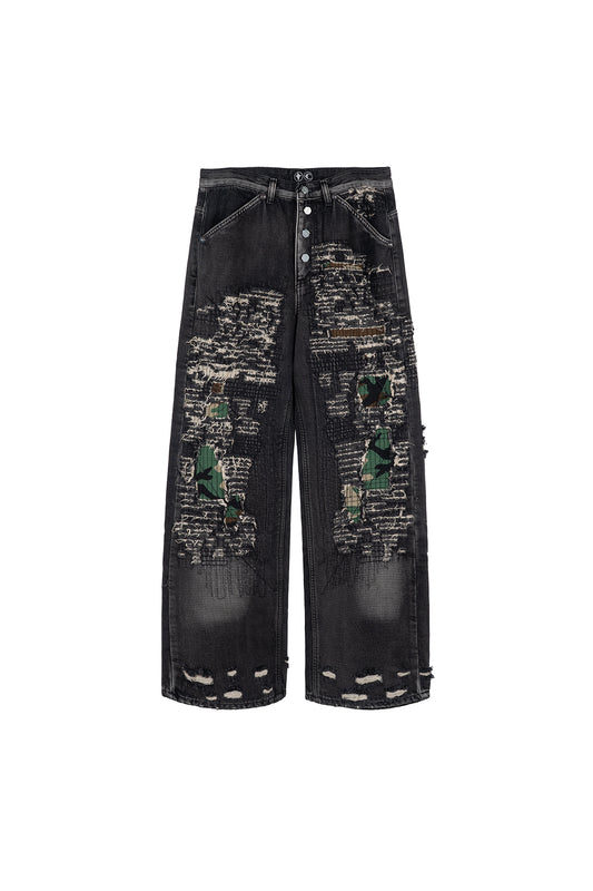 Vintage-Stitched Camo Denim Pants