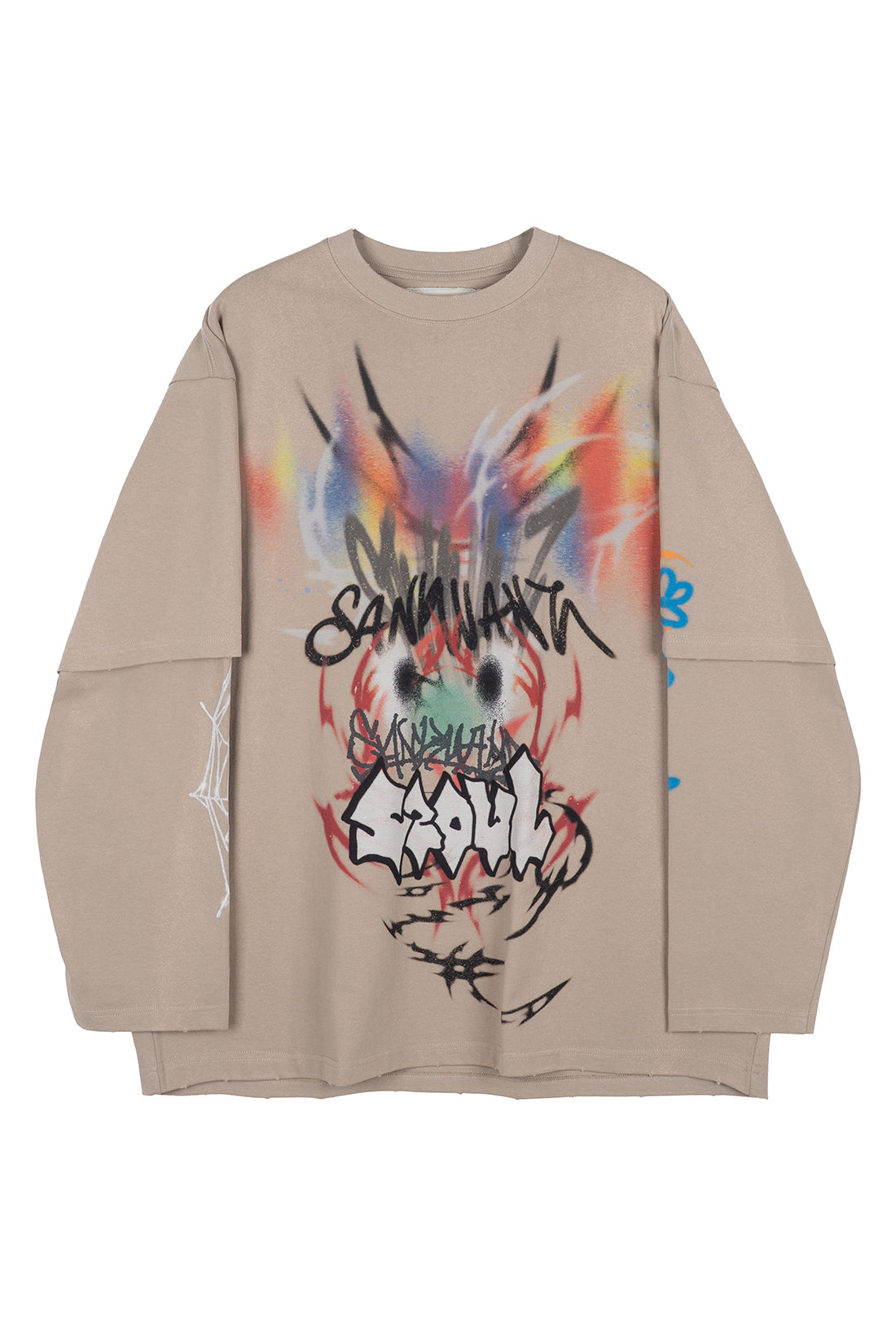 BUMPY OVERSIZED LAYERED GRAFFITI LONG-SLEEVE T-SHIRT