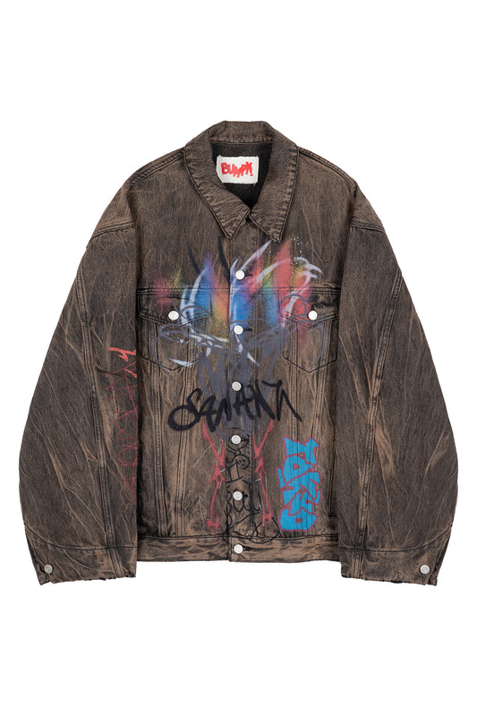 BUMPY GRAFFITI PRINT DISTRESSED DENIM JACKET