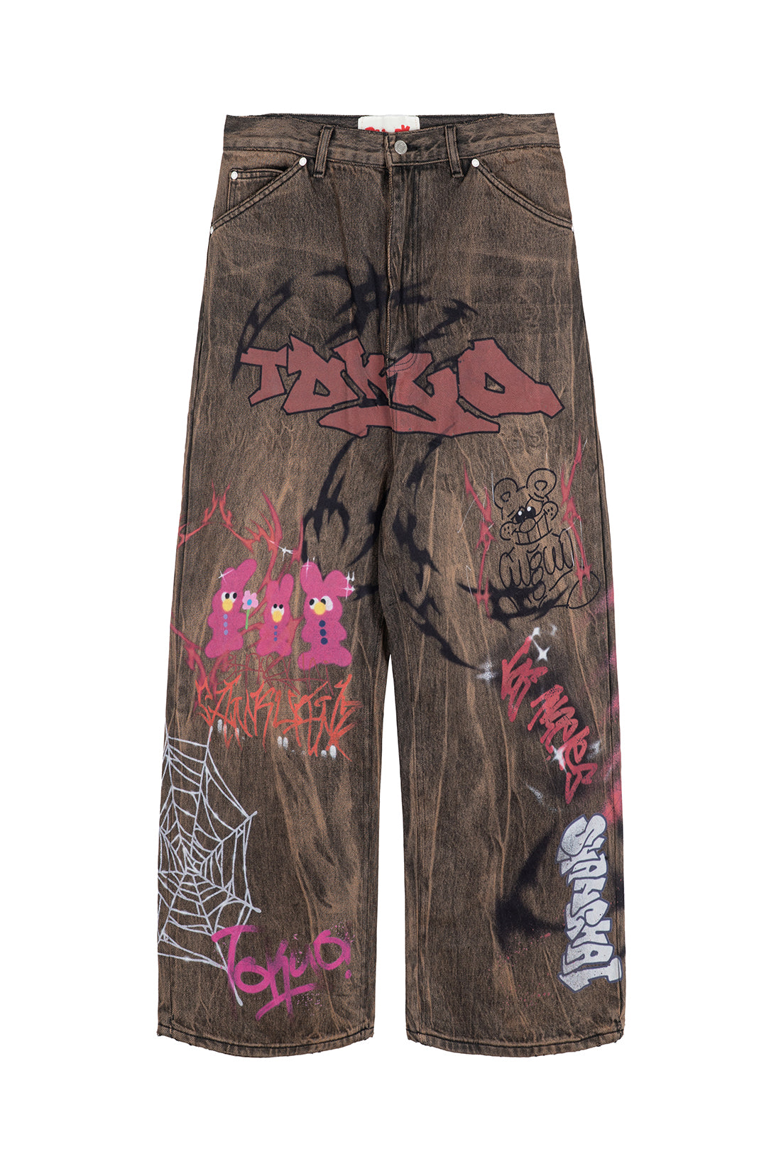 BUMPY GRAFFITI PRINT DISTRESSED DENIM PANTS