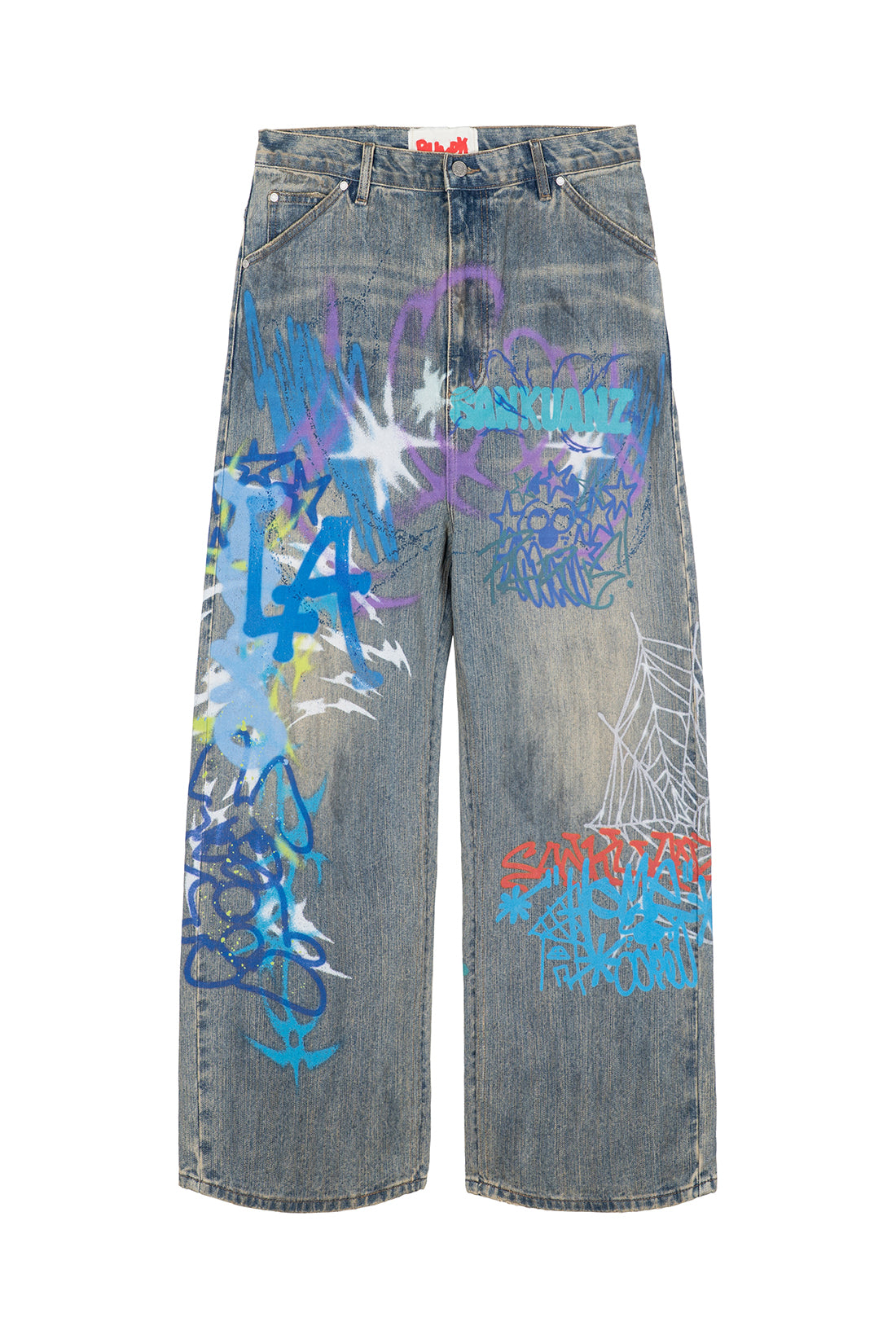 BUMPY GRAFFITI PRINT DISTRESSED DENIM PANTS