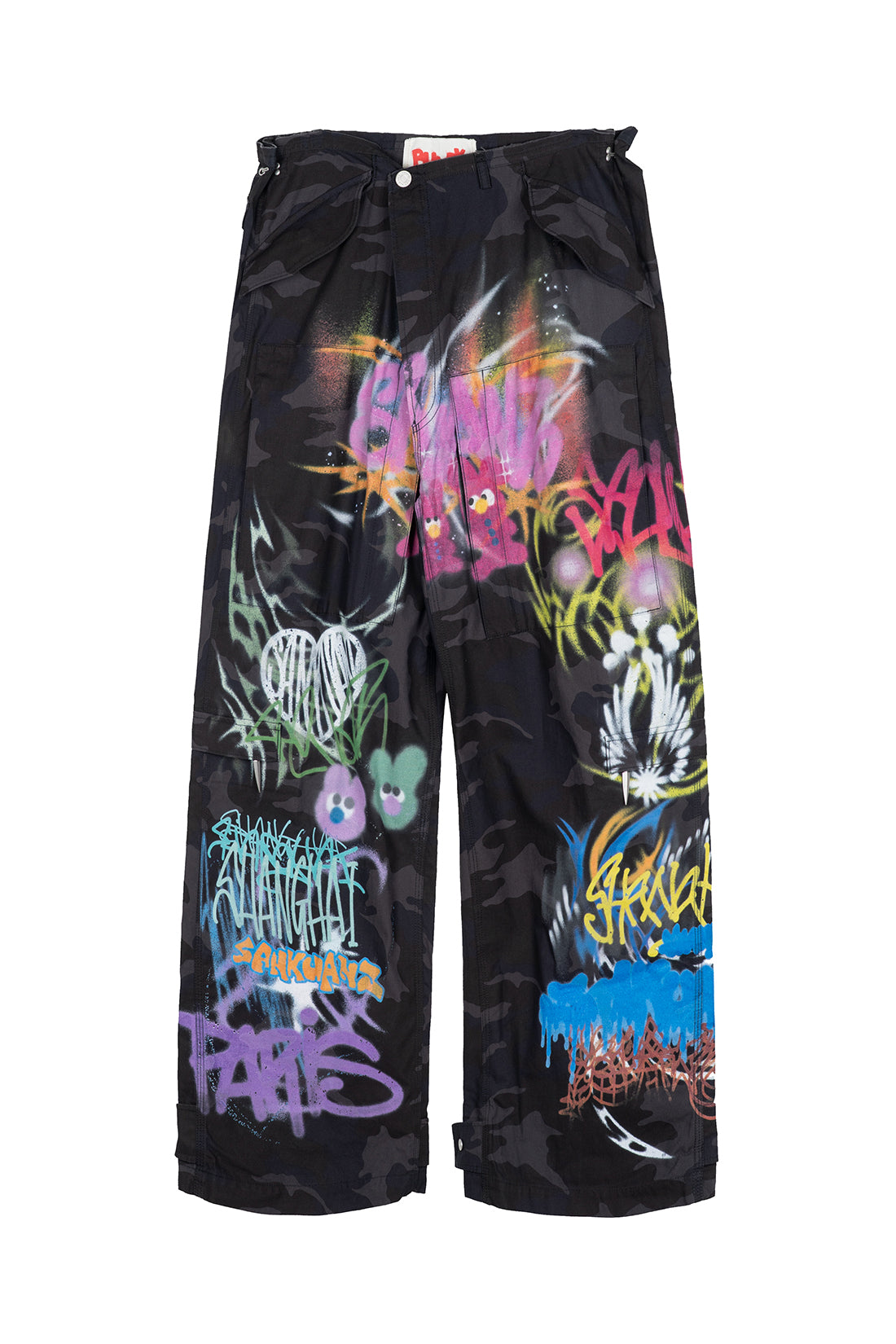 BUMPY GRAFFITI PRINT CAMOUFLAGE CARGO PANTS