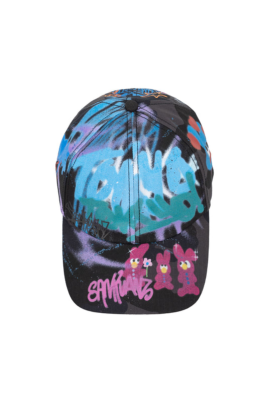 BUMPY GRAFFITI PRINT DENIM BASEBALL CAP