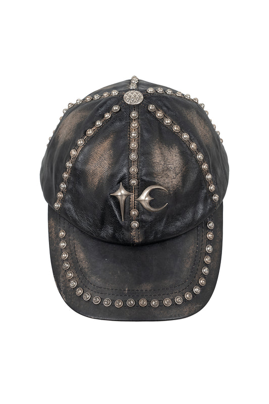 Studded Washed Leather Cap