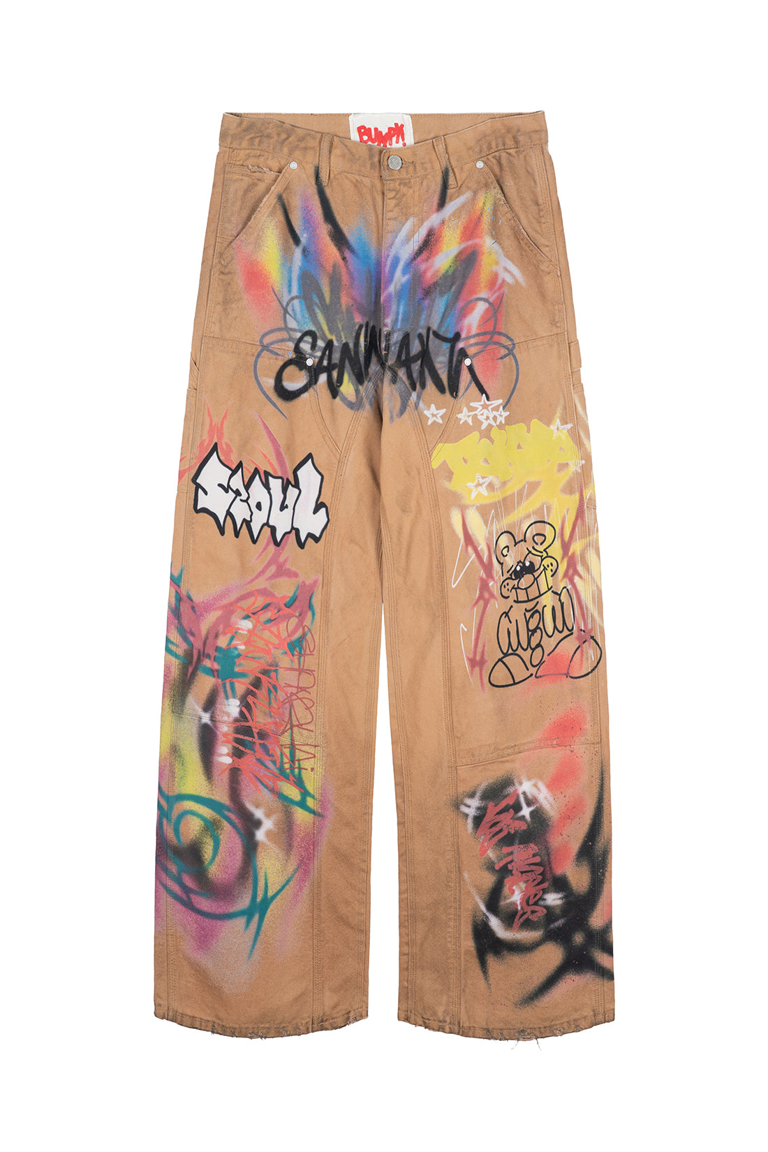 BUMPY GRAFFITI PRINT CARGO DENIM PANTS