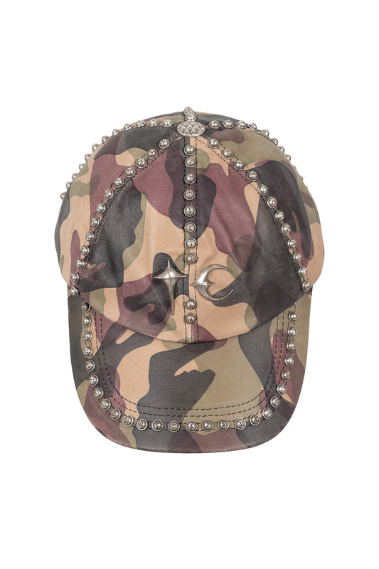 Studded Camo Leather Cap